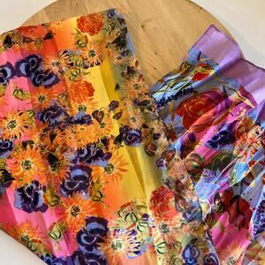 Silky Bright Colored Silky Purple Floral Print Wrap Scarf